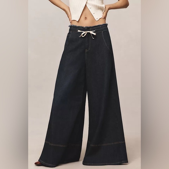 Pilcro Denim - Pilcro Anthropologie Tenney Drawstring Wide Leg Jeans 26 Dark Wash Frayed Waist